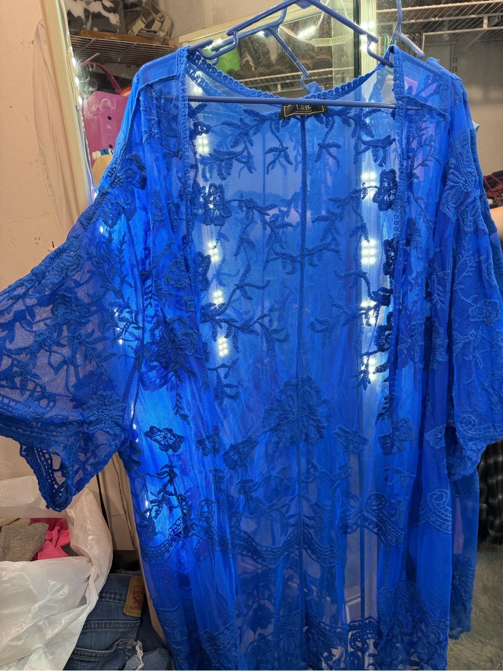 Blue Sheer Floral Embroidered Duster Kimono - Picture 2 of 4
